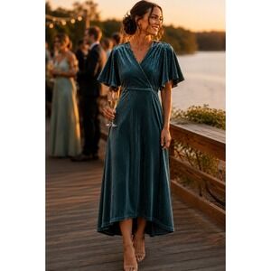 In Loom Velvet Burnout Midi Wrap Dress L Teal Striped Flutter Sleeve V Neck